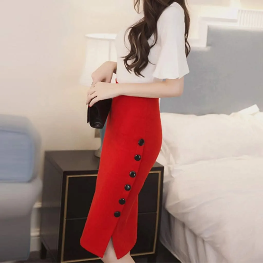 Women Bodycon Pencil Skirts High Waisted Slit Side Stretch Slim Wrap Knee Length Button Zipper Work Midi Skirt