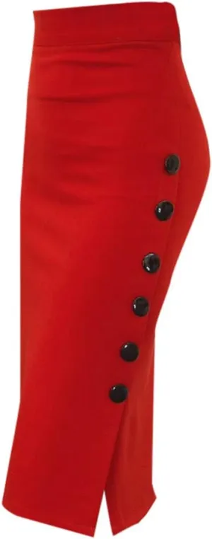 Women Bodycon Pencil Skirts High Waisted Slit Side Stretch Slim Wrap Knee Length Button Zipper Work Midi Skirt