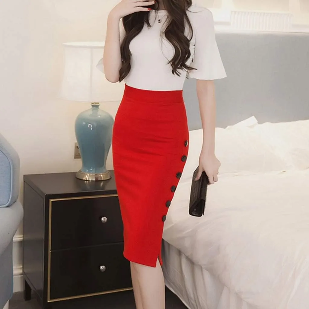 Women Bodycon Pencil Skirts High Waisted Slit Side Stretch Slim Wrap Knee Length Button Zipper Work Midi Skirt