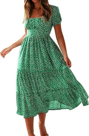 Women Boho Maxi Dress Crew-Neck Short Sleeve Empire Waist Summer Dress Smocked Floral Flowy Tiered Long Dress