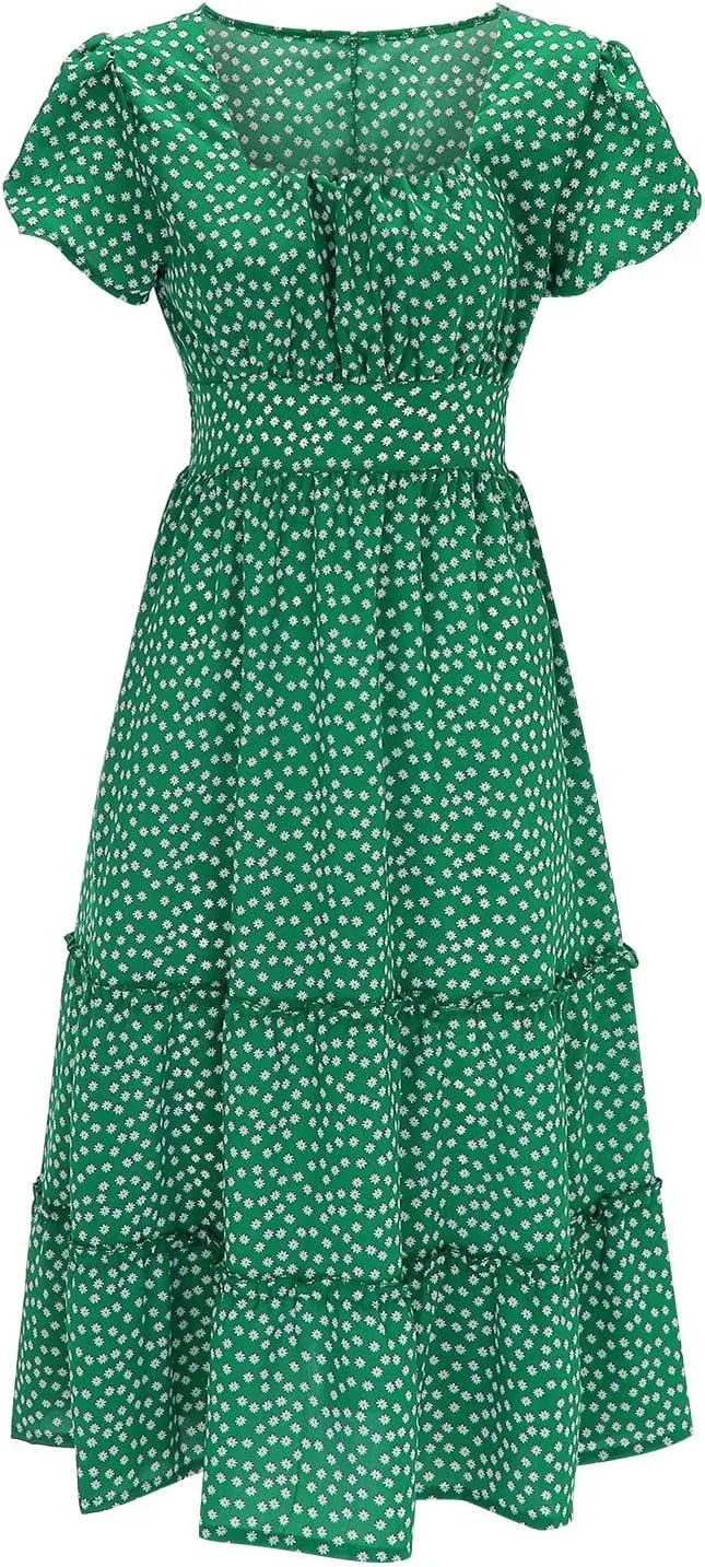 Women Boho Maxi Dress Crew-Neck Short Sleeve Empire Waist Summer Dress Smocked Floral Flowy Tiered Long Dress