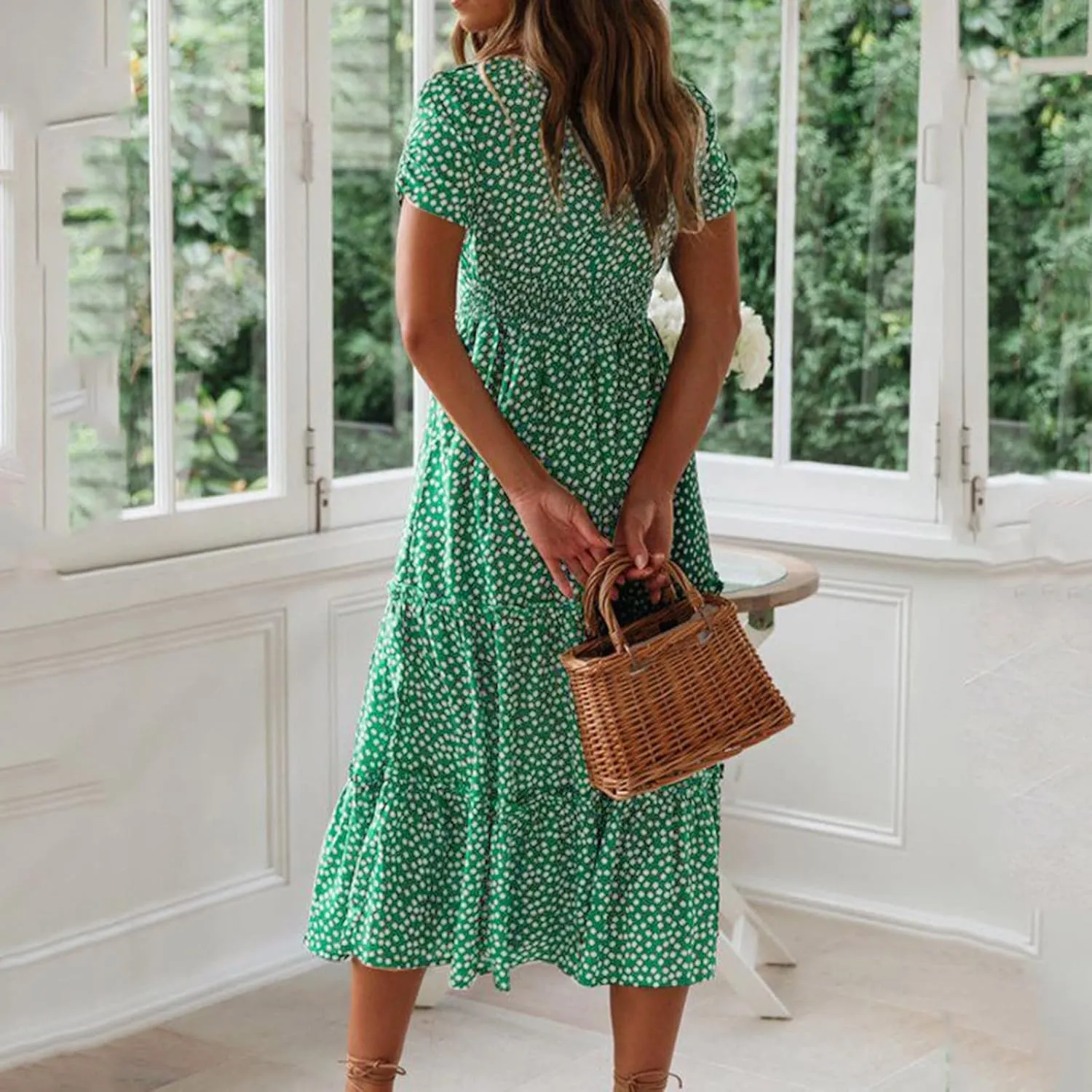 Women Boho Maxi Dress Crew-Neck Short Sleeve Empire Waist Summer Dress Smocked Floral Flowy Tiered Long Dress