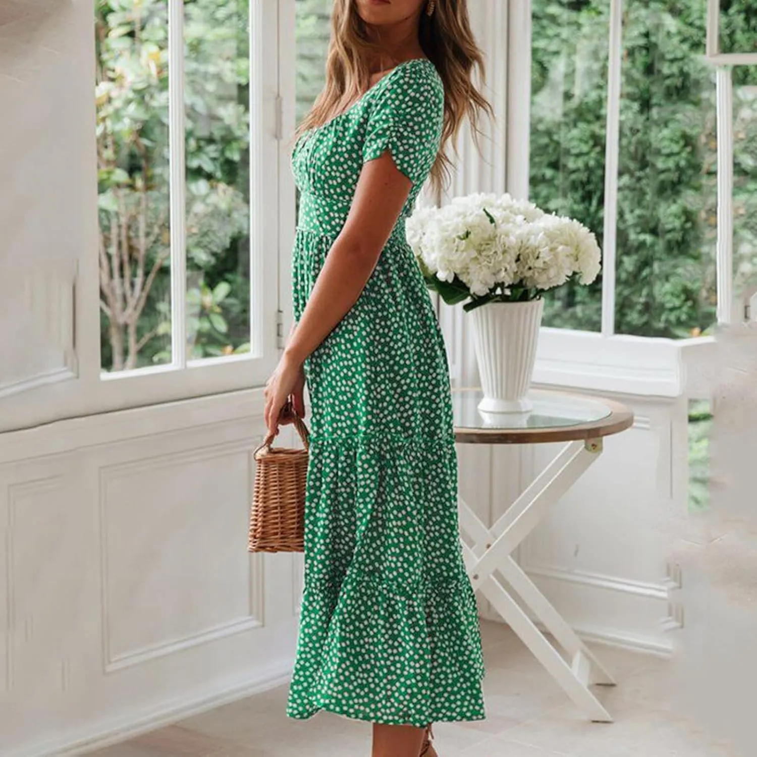 Women Boho Maxi Dress Crew-Neck Short Sleeve Empire Waist Summer Dress Smocked Floral Flowy Tiered Long Dress