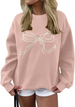 Women Bow Graphic Fleece Sweatshirts Oversized Embroidered Pullover Sweatshirts Crewneck Long Sleeve Going Out Tops
