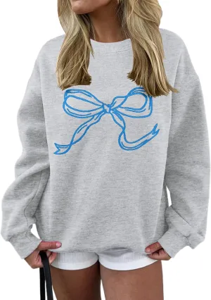 Women Bow Graphic Fleece Sweatshirts Oversized Embroidered Pullover Sweatshirts Crewneck Long Sleeve Going Out Tops
