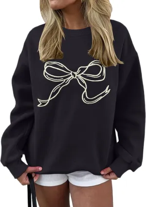 Women Bow Graphic Fleece Sweatshirts Oversized Embroidered Pullover Sweatshirts Crewneck Long Sleeve Going Out Tops