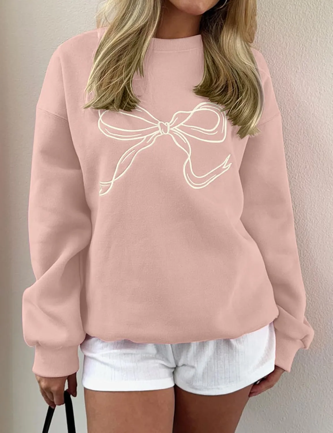 Women Bow Graphic Fleece Sweatshirts Oversized Embroidered Pullover Sweatshirts Crewneck Long Sleeve Going Out Tops