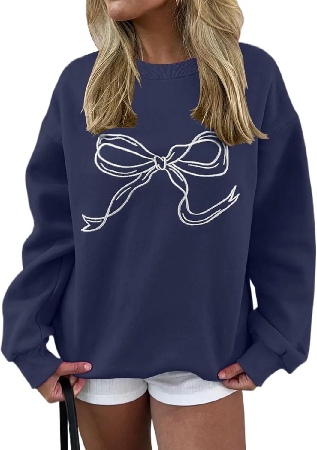 Women Bow Graphic Fleece Sweatshirts Oversized Embroidered Pullover Sweatshirts Crewneck Long Sleeve Going Out Tops