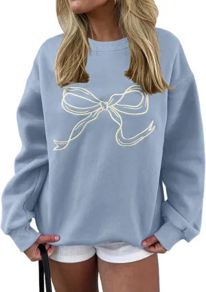 Women Bow Graphic Fleece Sweatshirts Oversized Embroidered Pullover Sweatshirts Crewneck Long Sleeve Going Out Tops
