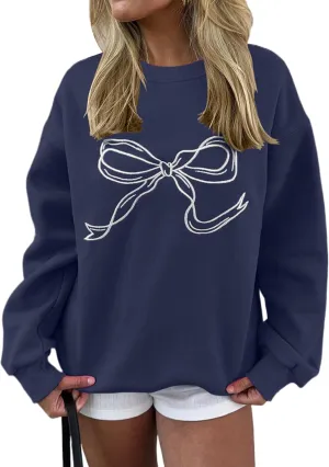 Women Bow Graphic Fleece Sweatshirts Oversized Embroidered Pullover Sweatshirts Crewneck Long Sleeve Going Out Tops