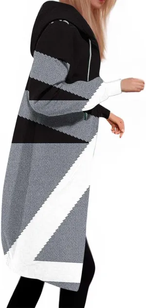 Women Color Block Long Hoodie Jackets Zip Up Oversized Fleece Tunic Sweatshirts Winter Long Sleeve Drawstring Coats