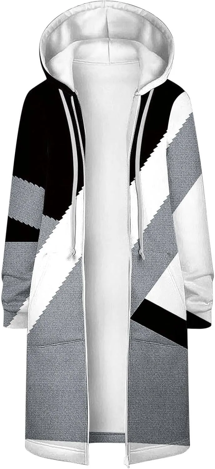 Women Color Block Long Hoodie Jackets Zip Up Oversized Fleece Tunic Sweatshirts Winter Long Sleeve Drawstring Coats