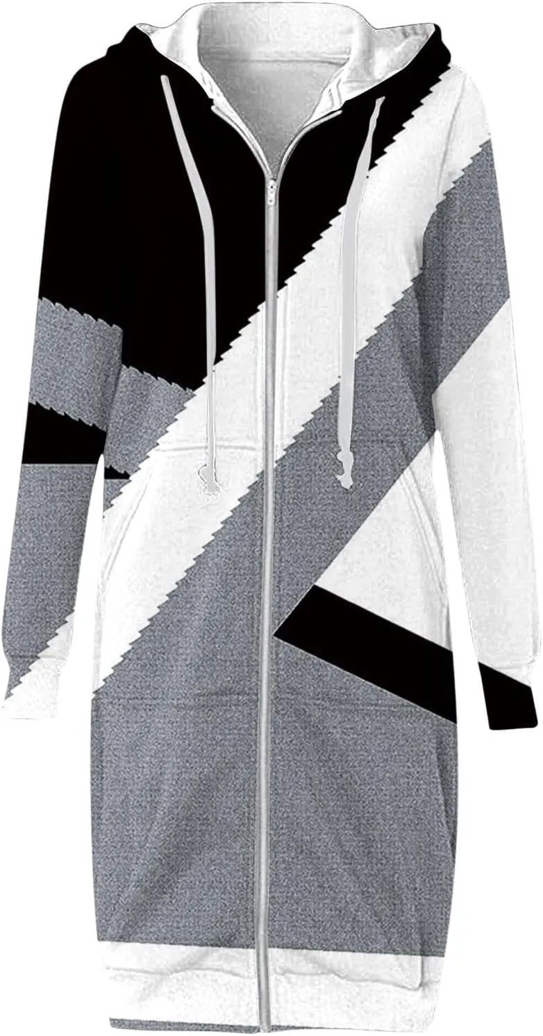 Women Color Block Long Hoodie Jackets Zip Up Oversized Fleece Tunic Sweatshirts Winter Long Sleeve Drawstring Coats
