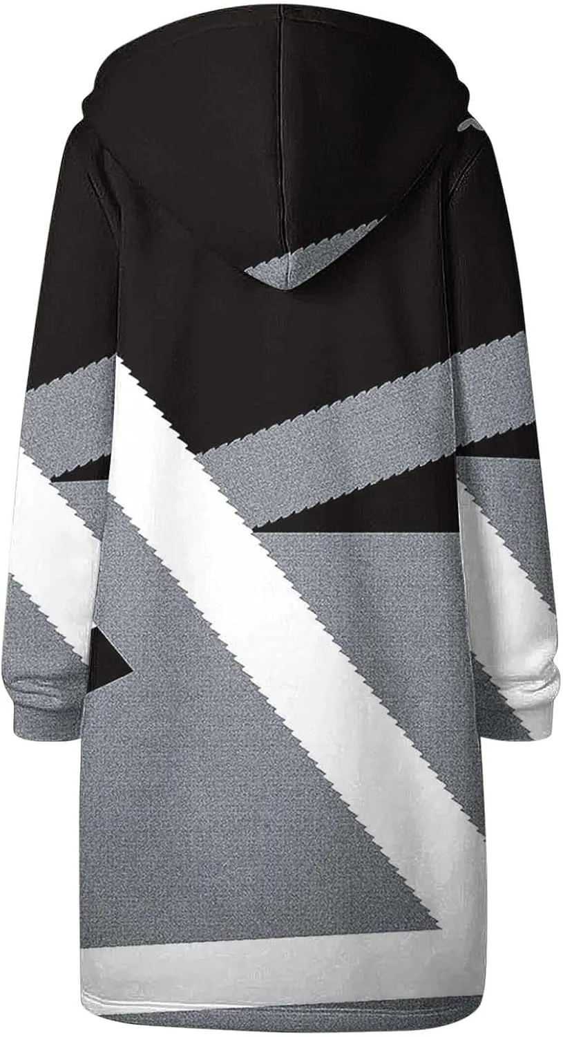 Women Color Block Long Hoodie Jackets Zip Up Oversized Fleece Tunic Sweatshirts Winter Long Sleeve Drawstring Coats