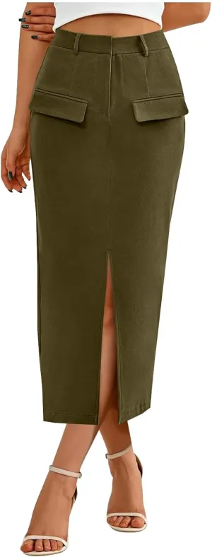 Women Cotton Bodycon Midi Skirt, Fashion Elegant Business Casual Pencil Skirts High Waisted Split Trendy Clothes with Pockets