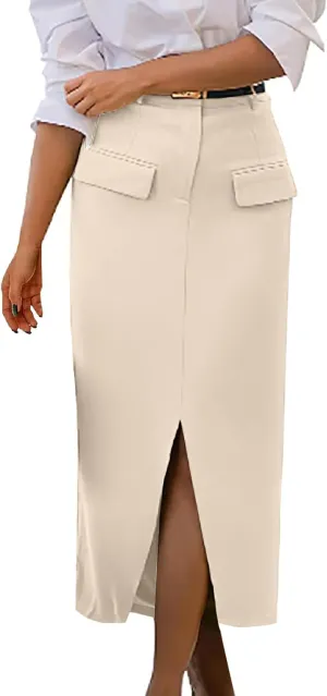 Women Cotton Bodycon Midi Skirt, Fashion Elegant Business Casual Pencil Skirts High Waisted Split Trendy Clothes with Pockets