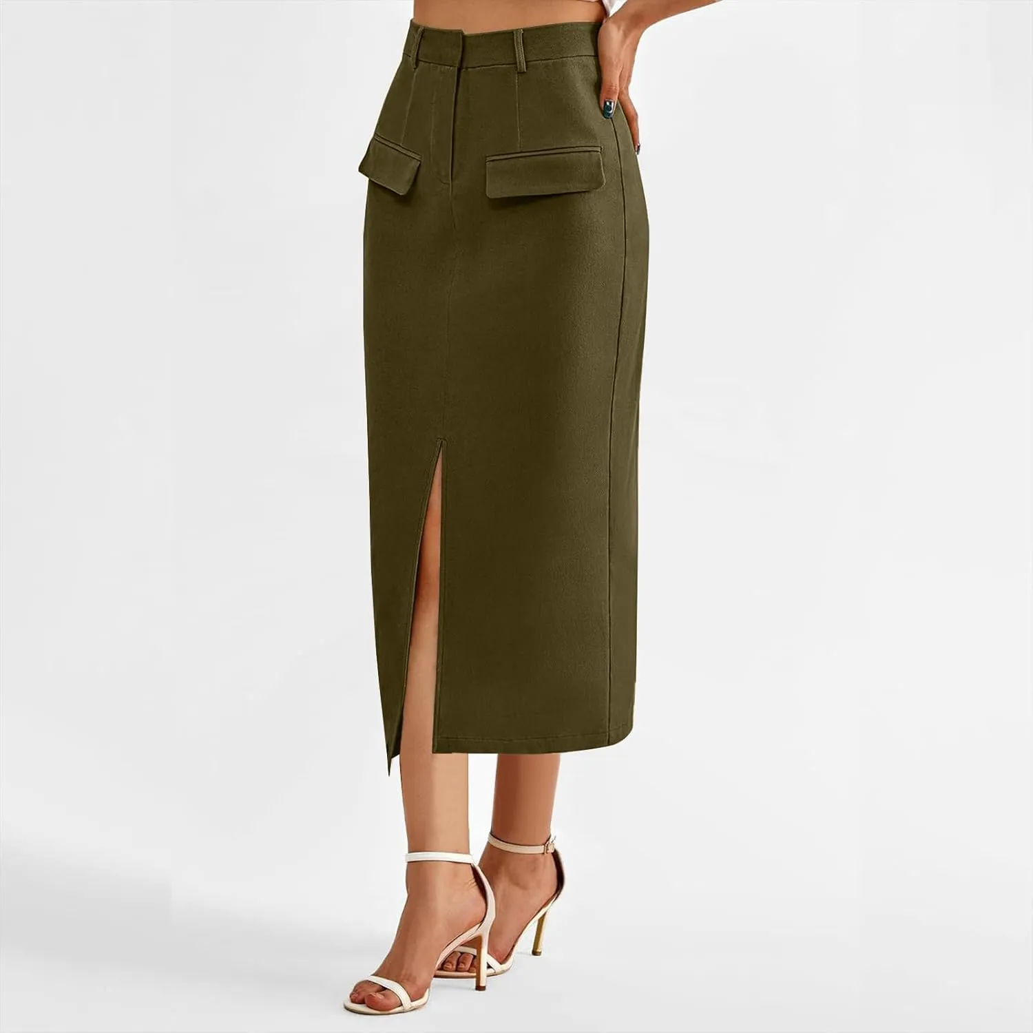 Women Cotton Bodycon Midi Skirt, Fashion Elegant Business Casual Pencil Skirts High Waisted Split Trendy Clothes with Pockets