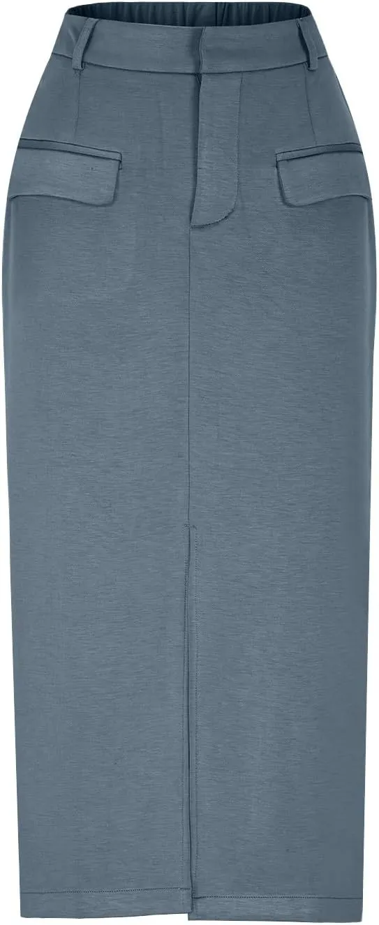 Women Cotton Bodycon Midi Skirt, Fashion Elegant Business Casual Pencil Skirts High Waisted Split Trendy Clothes with Pockets