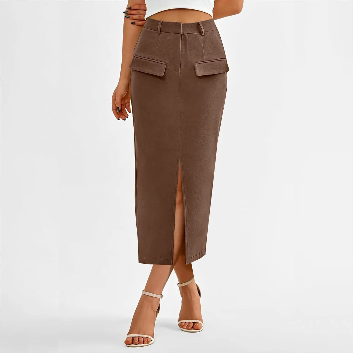 Women Cotton Bodycon Midi Skirt, Fashion Elegant Business Casual Pencil Skirts High Waisted Split Trendy Clothes with Pockets