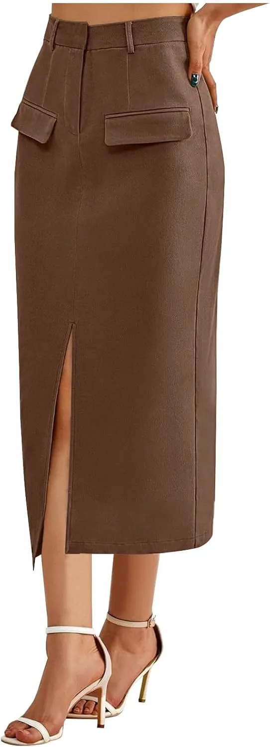 Women Cotton Bodycon Midi Skirt, Fashion Elegant Business Casual Pencil Skirts High Waisted Split Trendy Clothes with Pockets