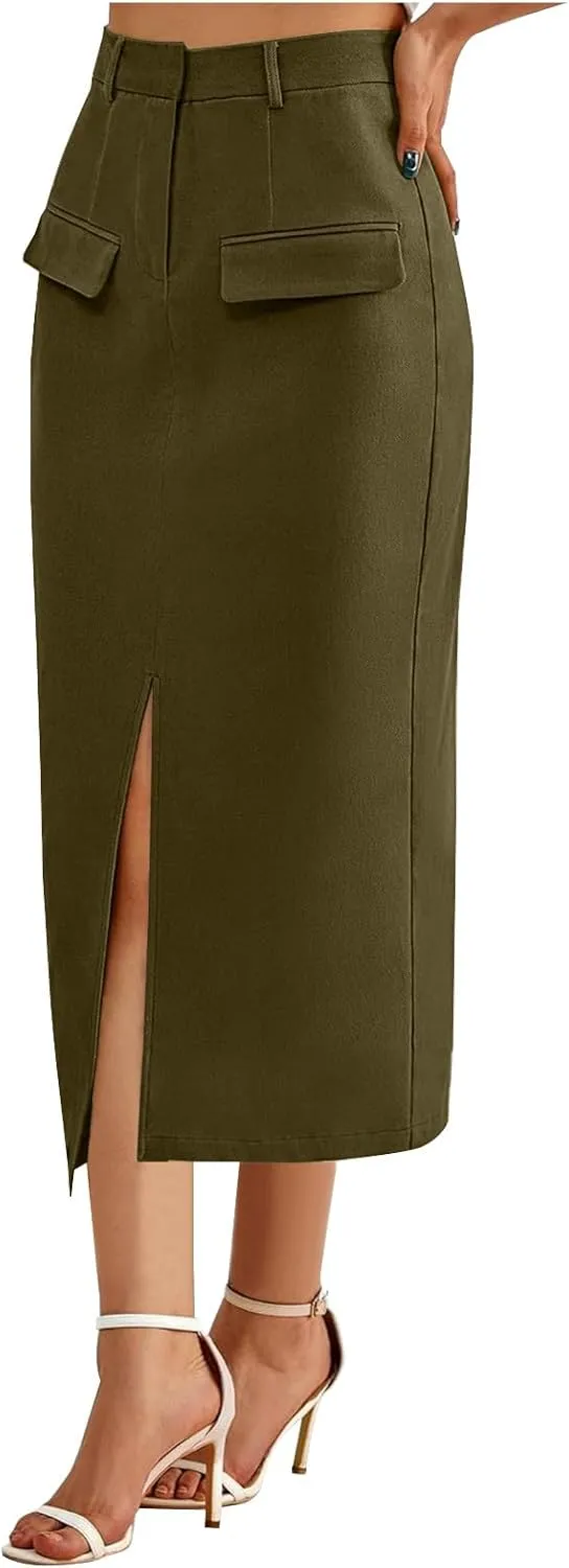 Women Cotton Bodycon Midi Skirt, Fashion Elegant Business Casual Pencil Skirts High Waisted Split Trendy Clothes with Pockets