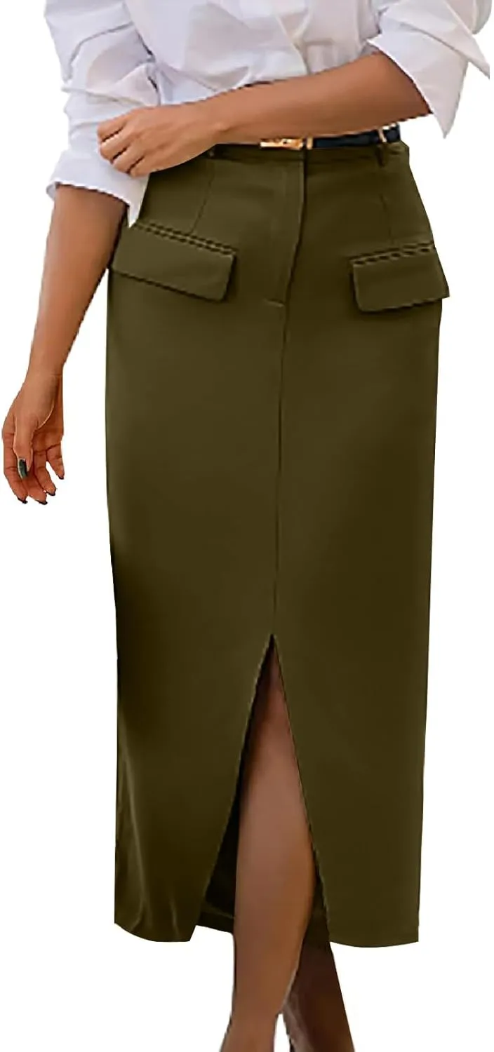 Women Cotton Bodycon Midi Skirt, Fashion Elegant Business Casual Pencil Skirts High Waisted Split Trendy Clothes with Pockets