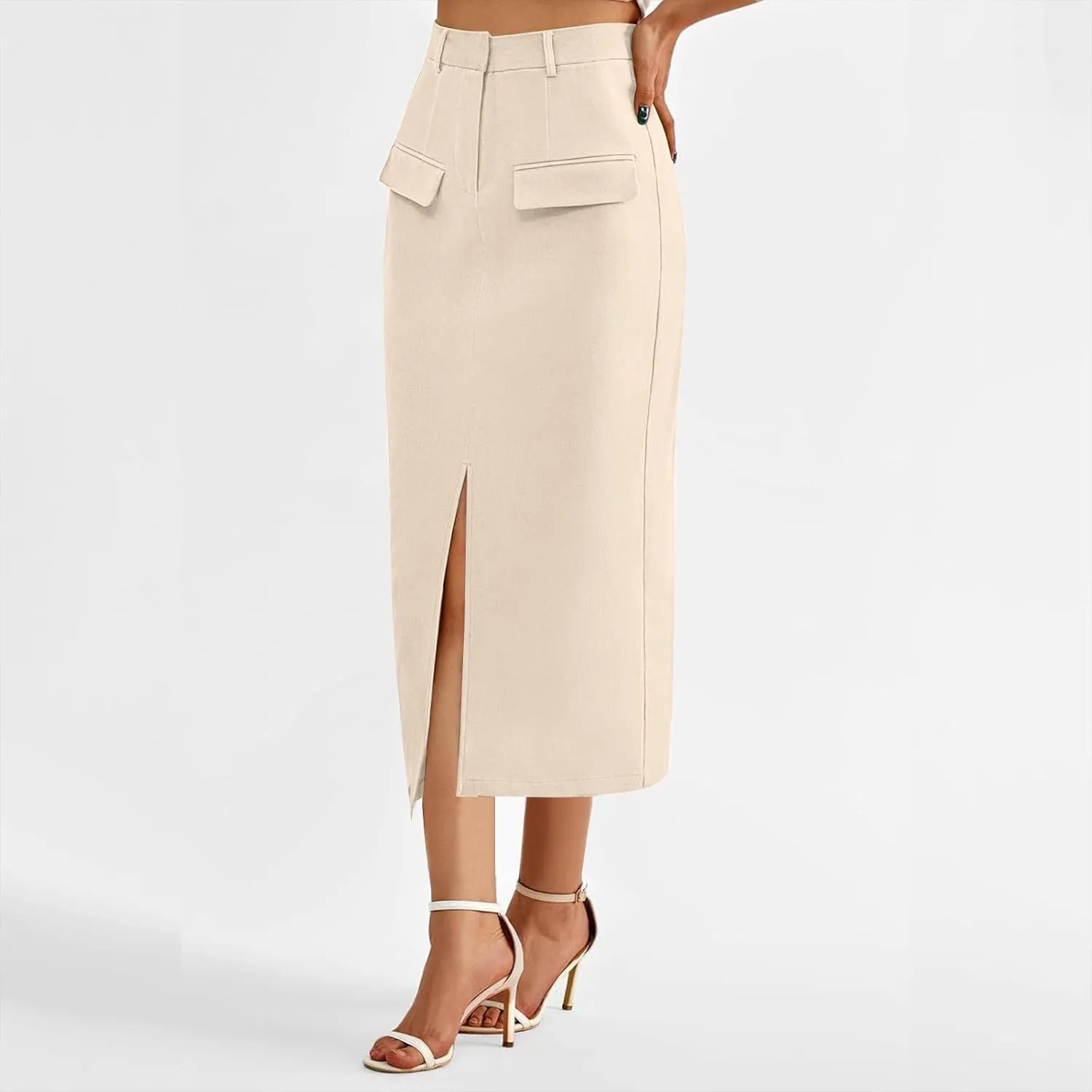Women Cotton Bodycon Midi Skirt, Fashion Elegant Business Casual Pencil Skirts High Waisted Split Trendy Clothes with Pockets