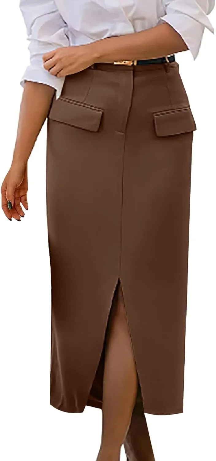 Women Cotton Bodycon Midi Skirt, Fashion Elegant Business Casual Pencil Skirts High Waisted Split Trendy Clothes with Pockets