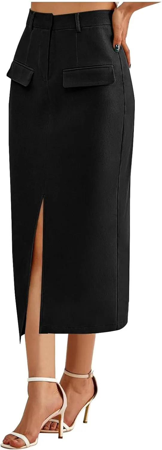 Women Cotton Bodycon Midi Skirt, Fashion Elegant Business Casual Pencil Skirts High Waisted Split Trendy Clothes with Pockets