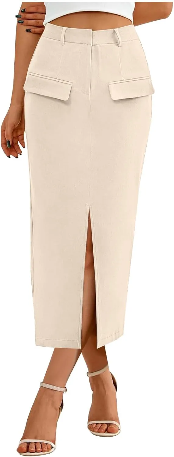 Women Cotton Bodycon Midi Skirt, Fashion Elegant Business Casual Pencil Skirts High Waisted Split Trendy Clothes with Pockets