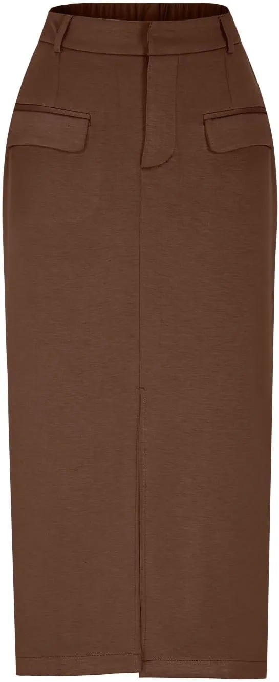 Women Cotton Bodycon Midi Skirt, Fashion Elegant Business Casual Pencil Skirts High Waisted Split Trendy Clothes with Pockets