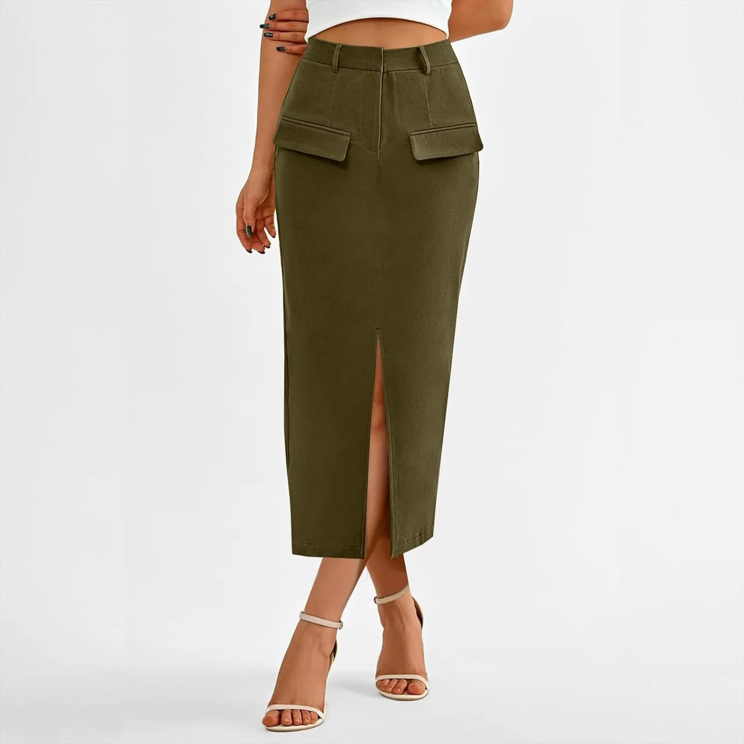 Women Cotton Bodycon Midi Skirt, Fashion Elegant Business Casual Pencil Skirts High Waisted Split Trendy Clothes with Pockets