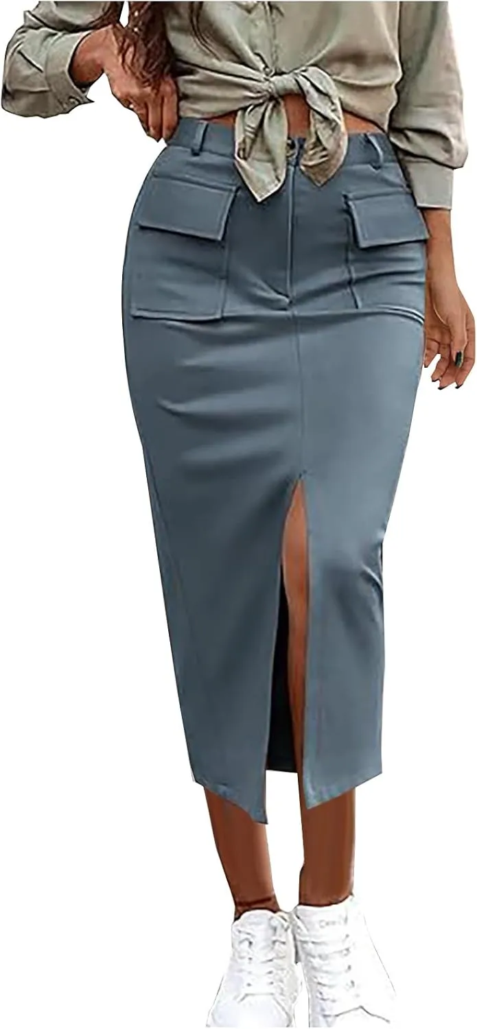 Women Cotton Bodycon Midi Skirt, Fashion Elegant Business Casual Pencil Skirts High Waisted Split Trendy Clothes with Pockets