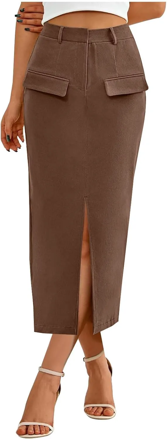 Women Cotton Bodycon Midi Skirt, Fashion Elegant Business Casual Pencil Skirts High Waisted Split Trendy Clothes with Pockets