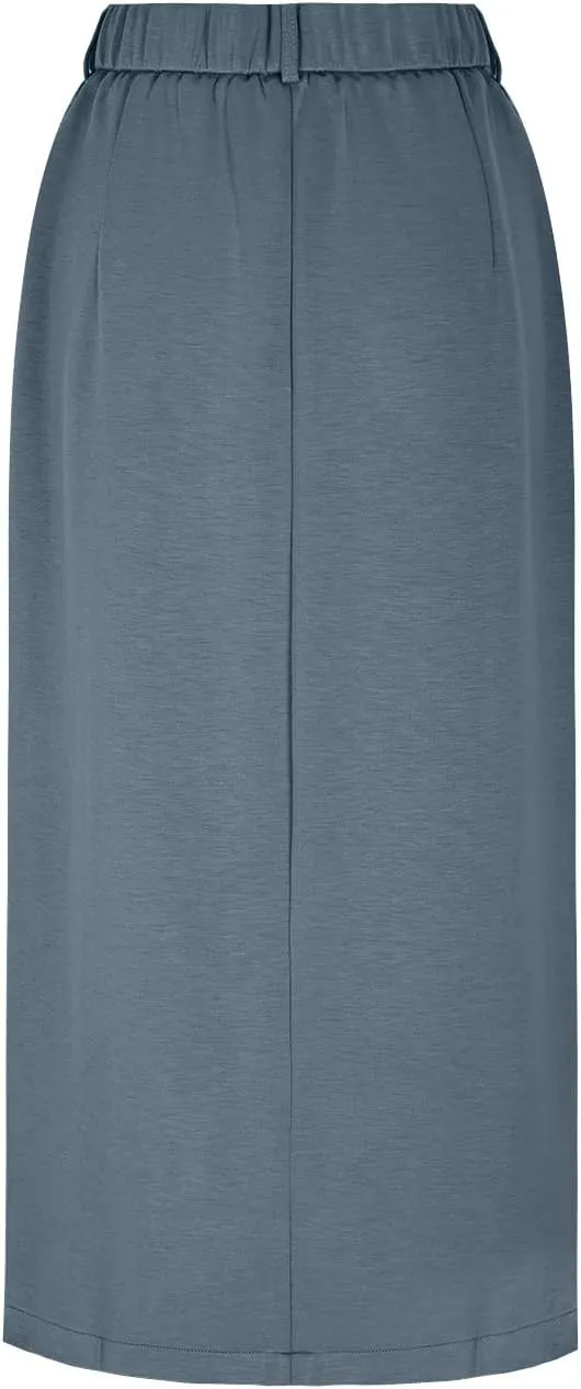 Women Cotton Bodycon Midi Skirt, Fashion Elegant Business Casual Pencil Skirts High Waisted Split Trendy Clothes with Pockets