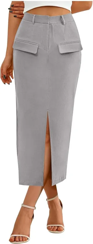 Women Cotton Bodycon Midi Skirt, Fashion Elegant Business Casual Pencil Skirts High Waisted Split Trendy Clothes with Pockets