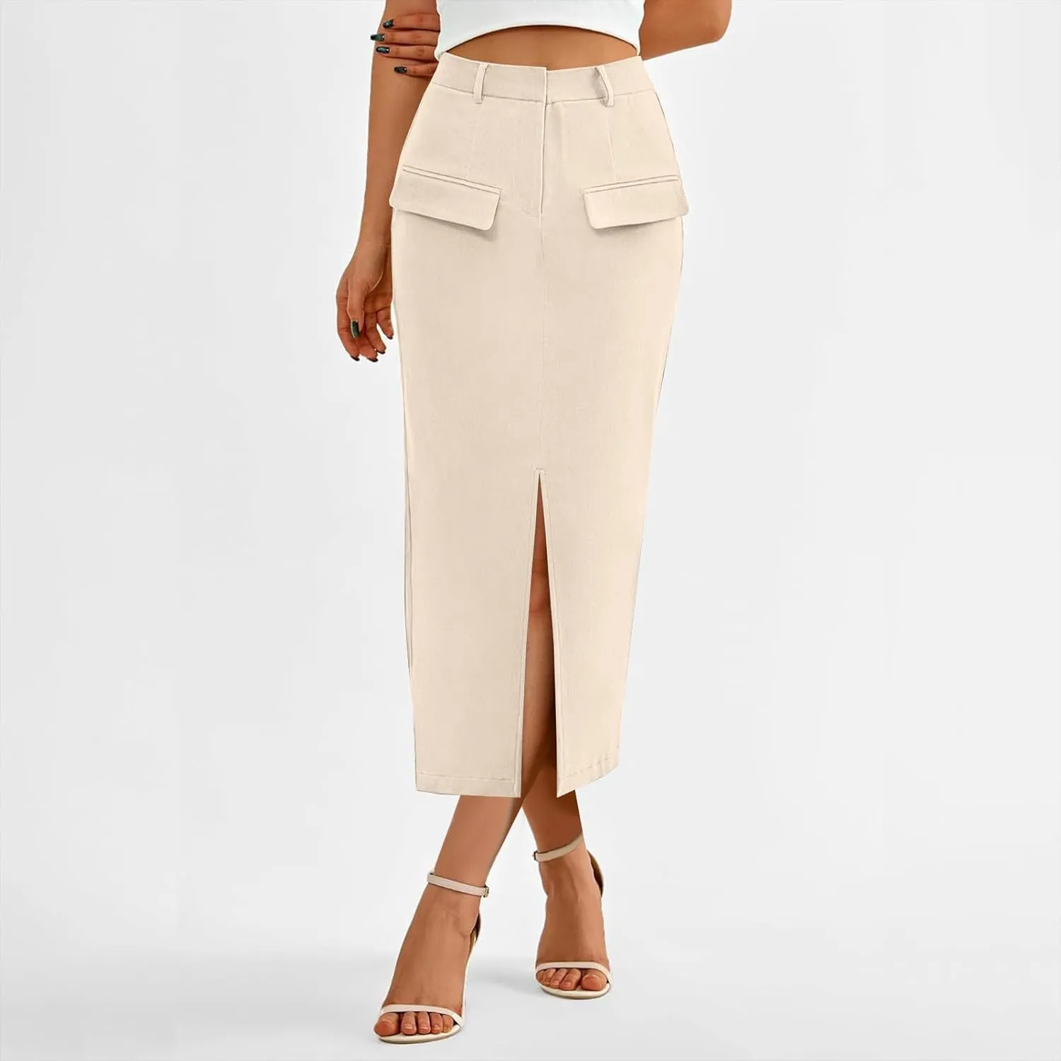Women Cotton Bodycon Midi Skirt, Fashion Elegant Business Casual Pencil Skirts High Waisted Split Trendy Clothes with Pockets