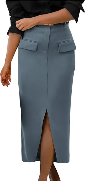 Women Cotton Bodycon Midi Skirt, Fashion Elegant Business Casual Pencil Skirts High Waisted Split Trendy Clothes with Pockets