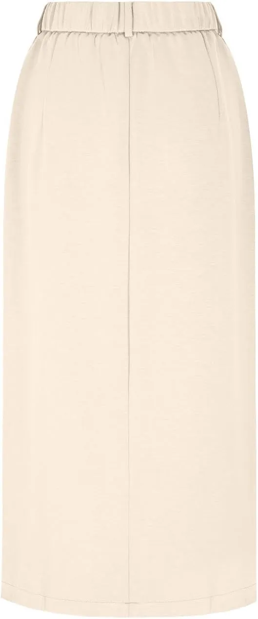 Women Cotton Bodycon Midi Skirt, Fashion Elegant Business Casual Pencil Skirts High Waisted Split Trendy Clothes with Pockets