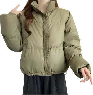 Women Cropped Puffer Jackets Lightweight Warm Winter Down Coat Short Zipped Quilted Puffy Jacket Outwear with Pockets