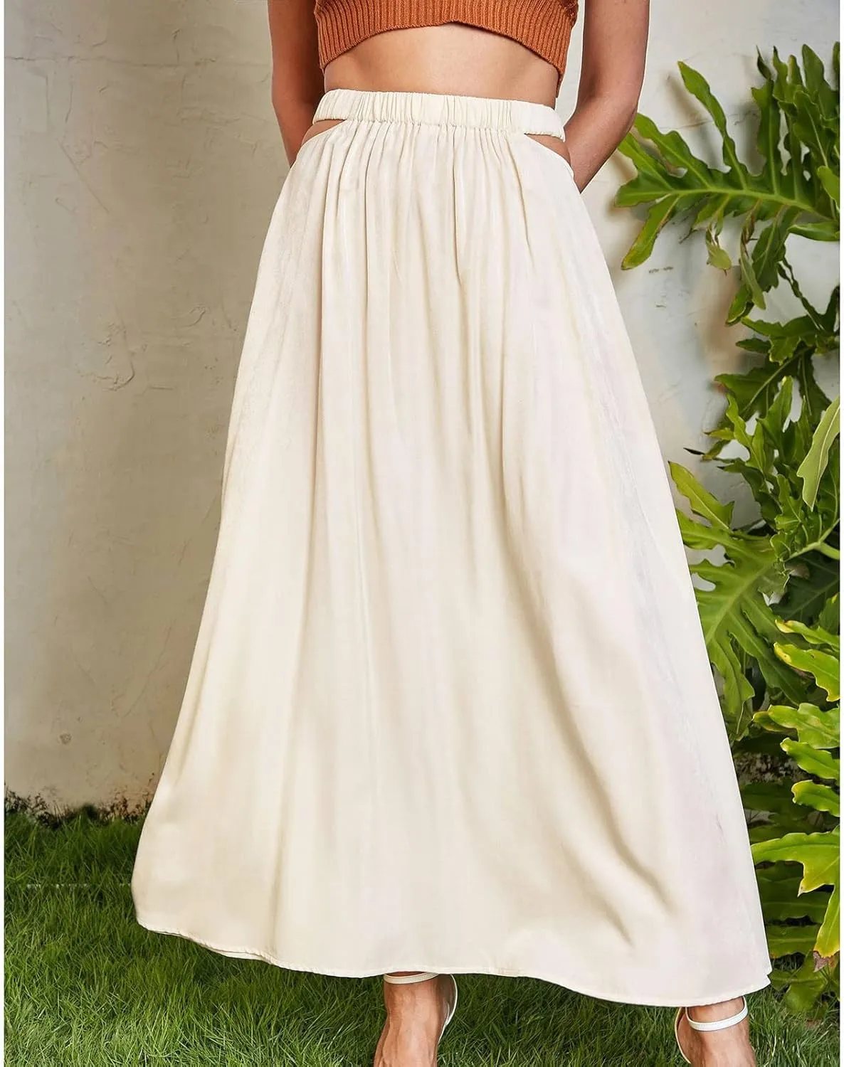 Women Cutout High Waist Midi Skirt Summer Casual Pleated A-Line Skirts Lightweight Flowy Solid Beach Long Skirt