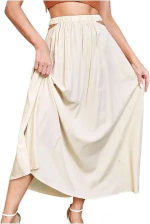 Women Cutout High Waist Midi Skirt Summer Casual Pleated A-Line Skirts Lightweight Flowy Solid Beach Long Skirt