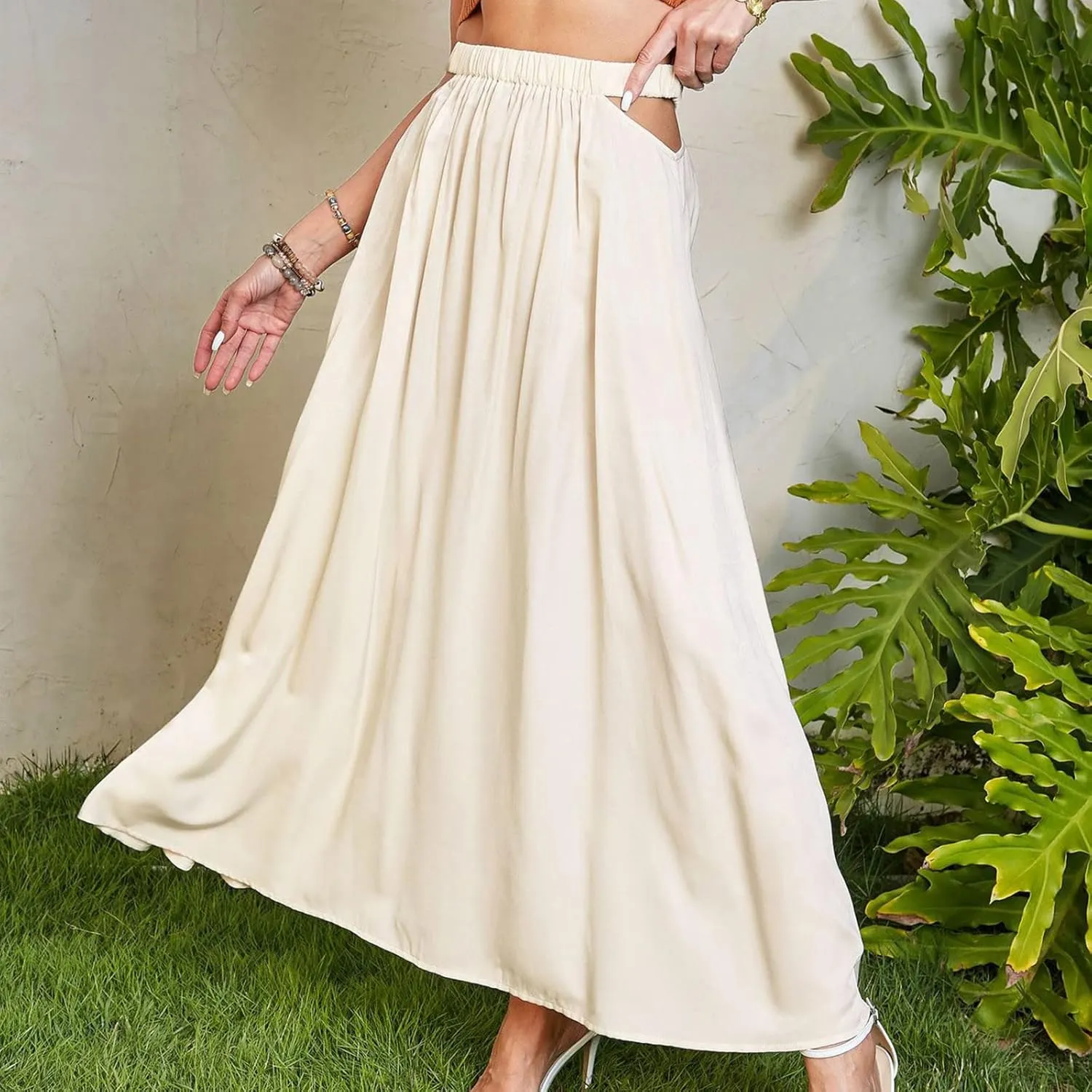 Women Cutout High Waist Midi Skirt Summer Casual Pleated A-Line Skirts Lightweight Flowy Solid Beach Long Skirt