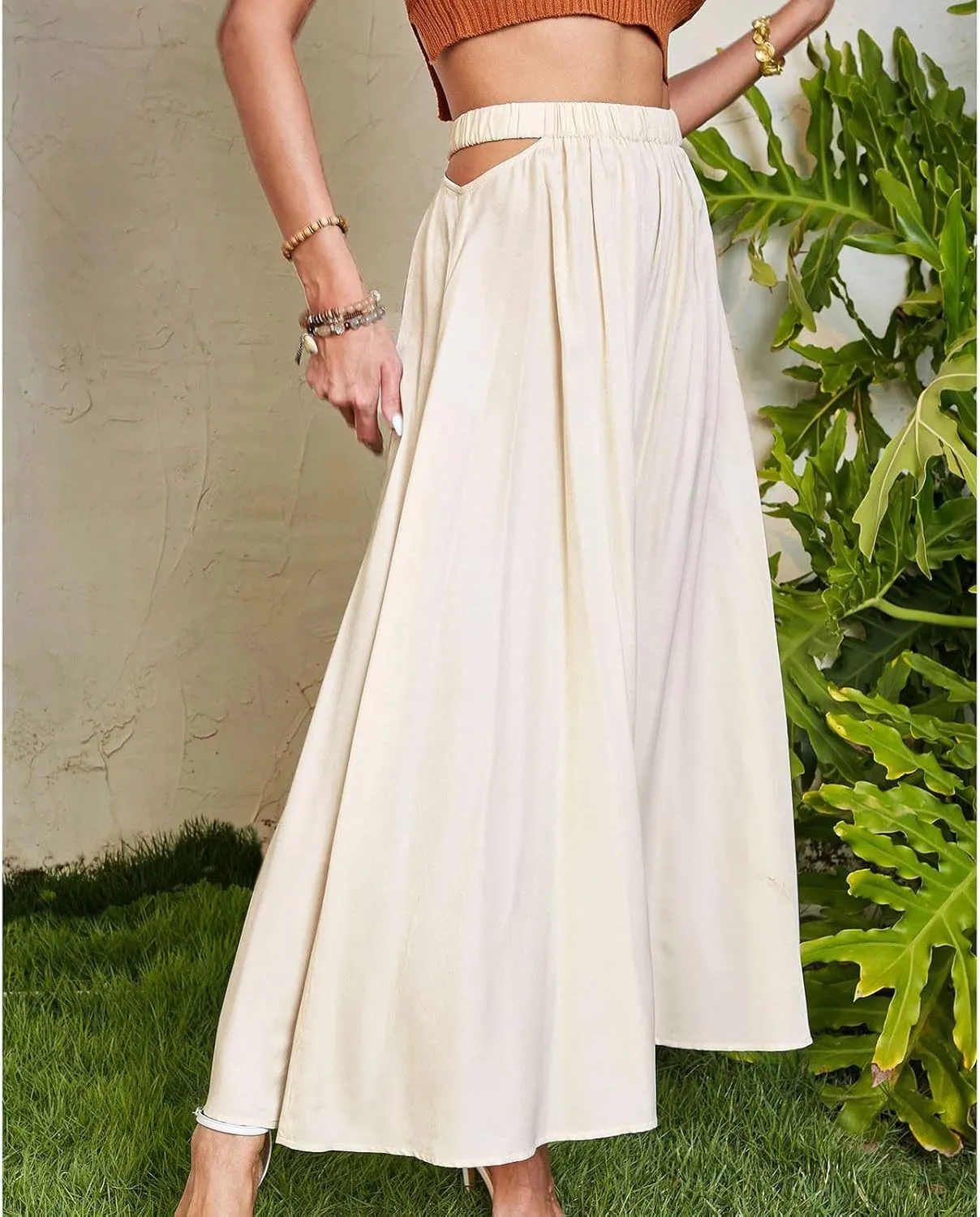 Women Cutout High Waist Midi Skirt Summer Casual Pleated A-Line Skirts Lightweight Flowy Solid Beach Long Skirt