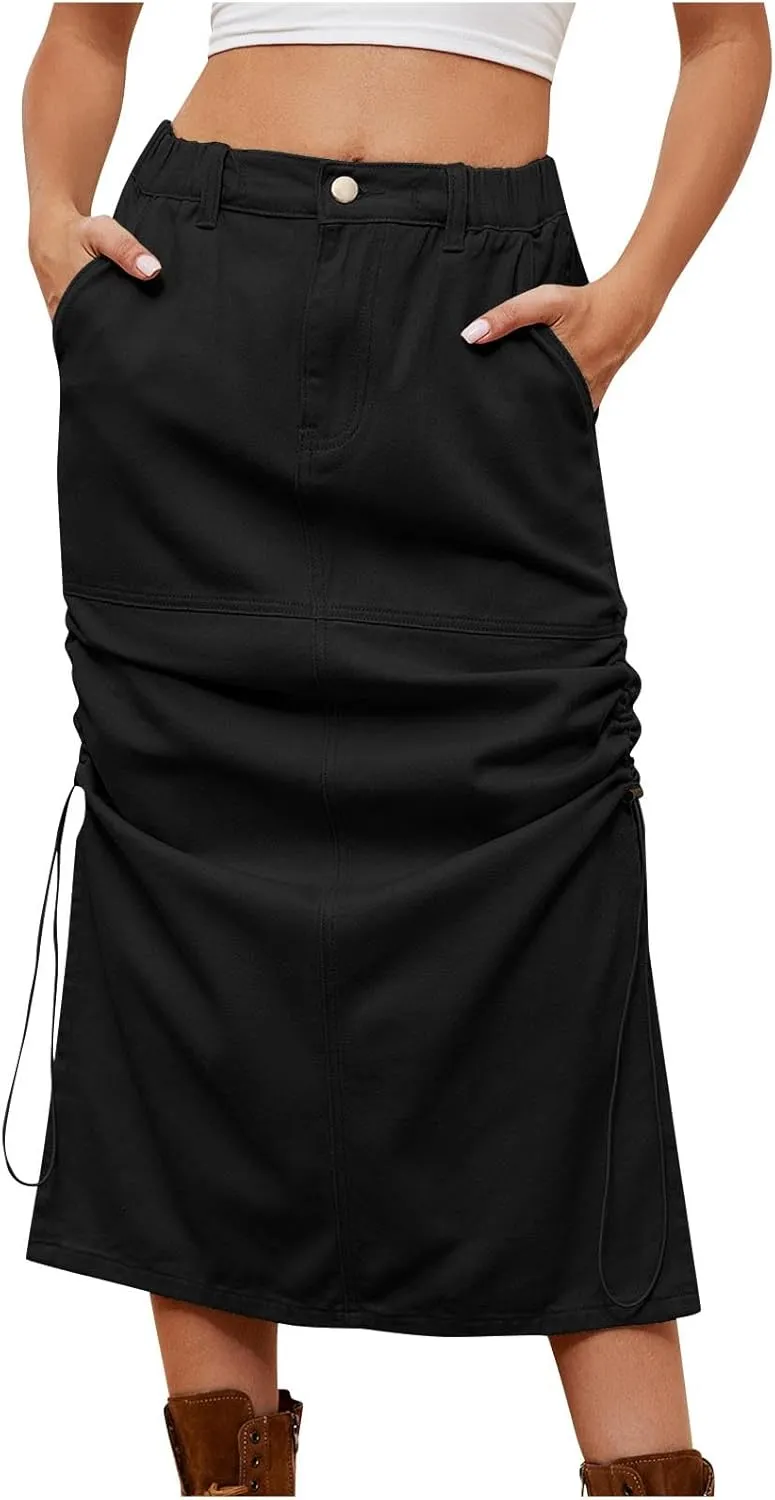 Women Denim Cargo Midi Skirt Side Split Drawstring Ruched Pencil Skirts Casual High Waisted Jean Skirt with Pockets