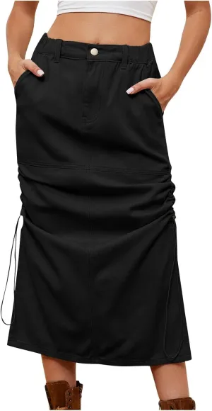 Women Denim Cargo Midi Skirt Side Split Drawstring Ruched Pencil Skirts Casual High Waisted Jean Skirt with Pockets
