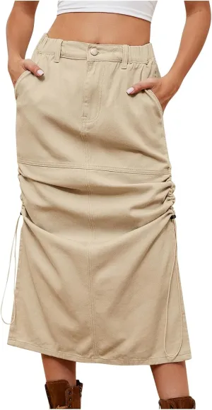 Women Denim Cargo Midi Skirt Side Split Drawstring Ruched Pencil Skirts Casual High Waisted Jean Skirt with Pockets