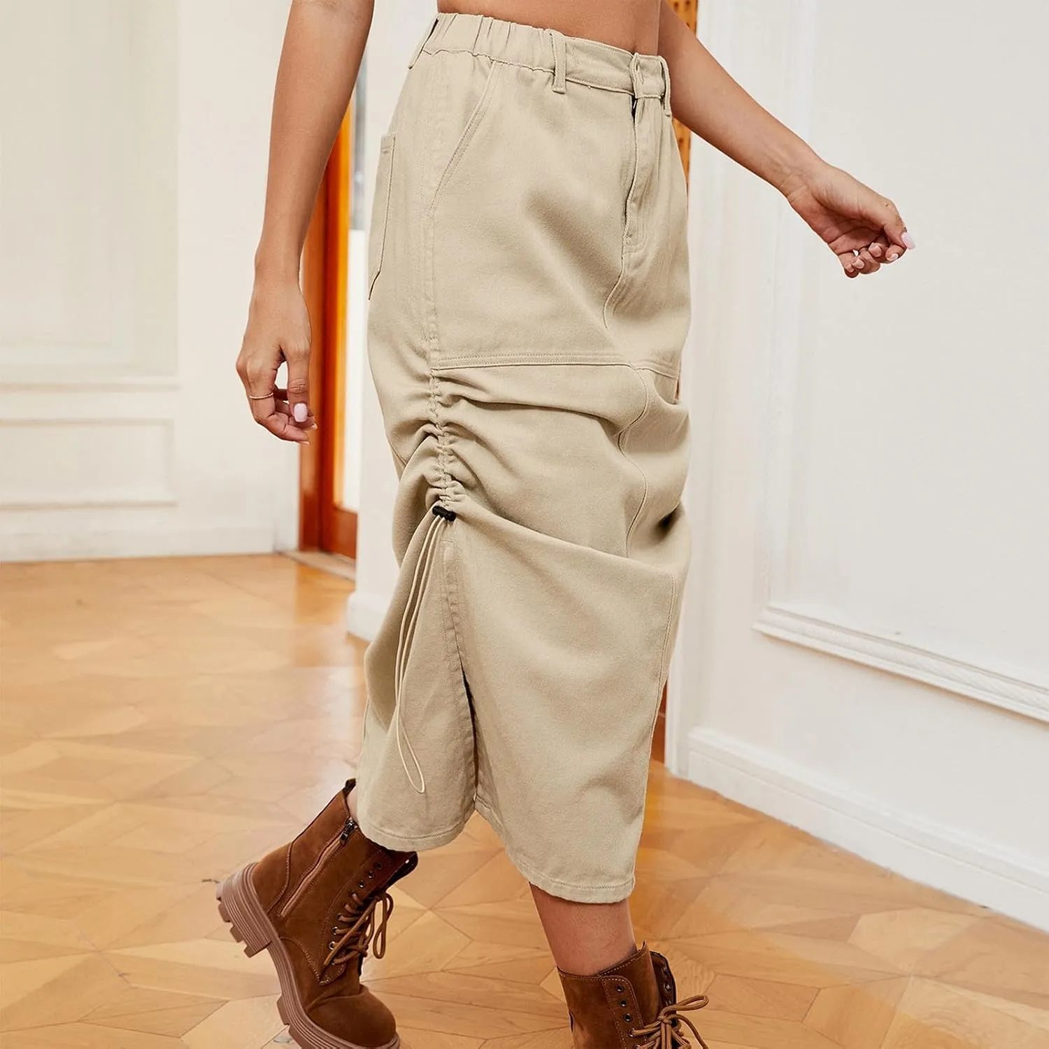 Women Denim Cargo Midi Skirt Side Split Drawstring Ruched Pencil Skirts Casual High Waisted Jean Skirt with Pockets
