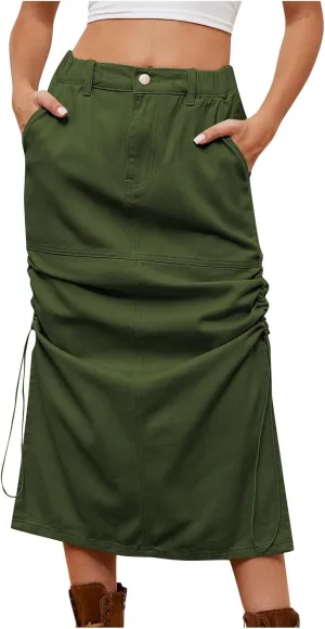 Women Denim Cargo Midi Skirt Side Split Drawstring Ruched Pencil Skirts Casual High Waisted Jean Skirt with Pockets