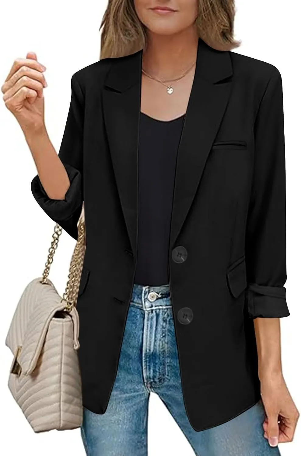 Women Fall Blazers Business Casual Suit Jackets with Pockets Notched Lapel Button Open Front Long Sleeve Work Blazer